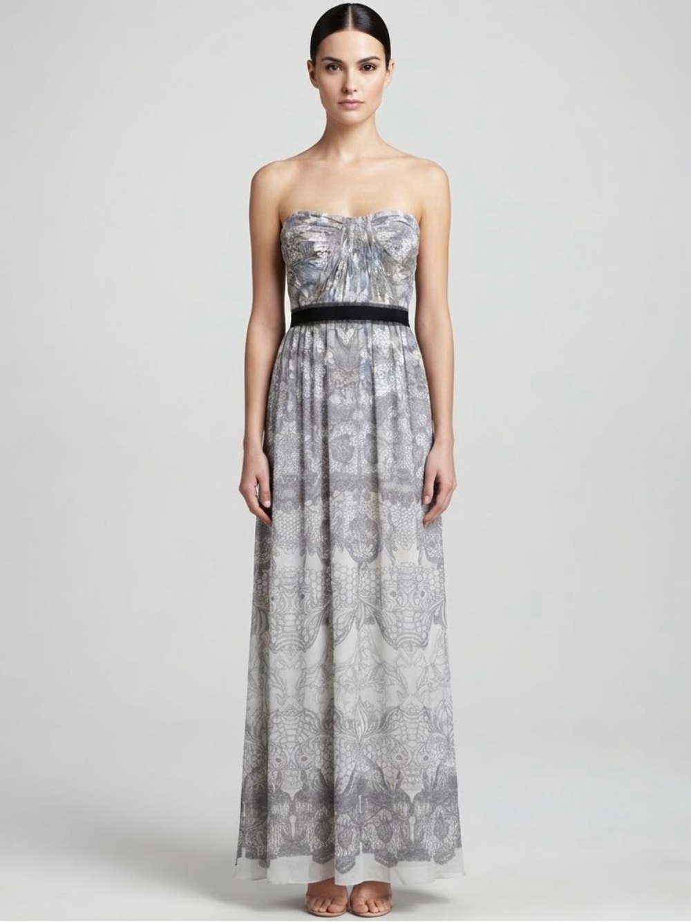 BCBGMAXAZRIA Amber Strapless Maxi Dress Sz 2 Grey Lace Print NWOT Cocktail Parry